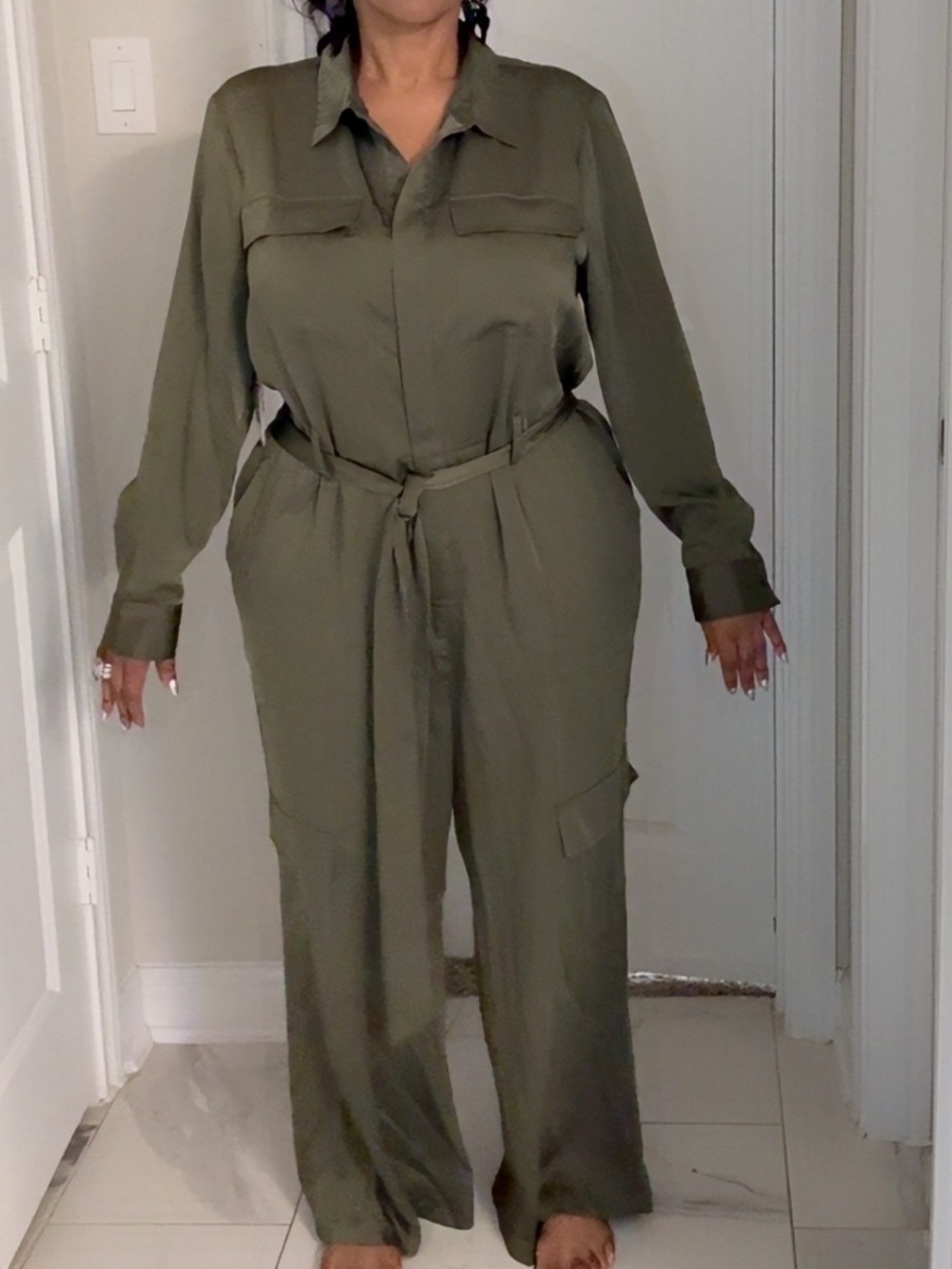 Self-Tie Olive Utility Jumpsuit for Women